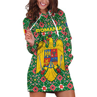 Romania Christmas Hoodie Dress with Green and Red Pattern Golden Eagle and Santa Motif - Wonder Print Shop