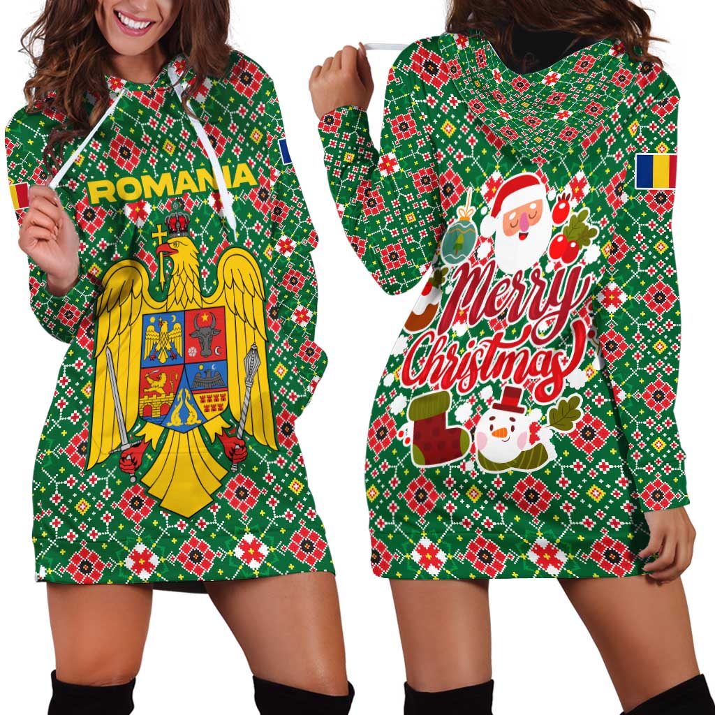 Romania Christmas Hoodie Dress with Green and Red Pattern Golden Eagle and Santa Motif - Wonder Print Shop