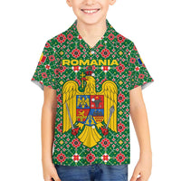 Romania Christmas Kid Hawaiian Shirt with Green and Red Pattern Golden Eagle and Santa Motif - Wonder Print Shop