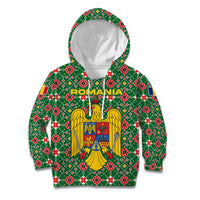 Romania Christmas Kid Hoodie with Green and Red Pattern Golden Eagle and Santa Motif - Wonder Print Shop