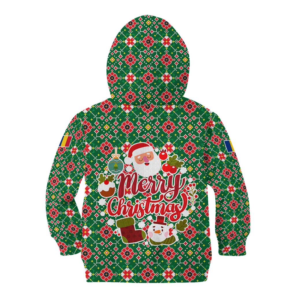 Romania Christmas Kid Hoodie with Green and Red Pattern Golden Eagle and Santa Motif - Wonder Print Shop