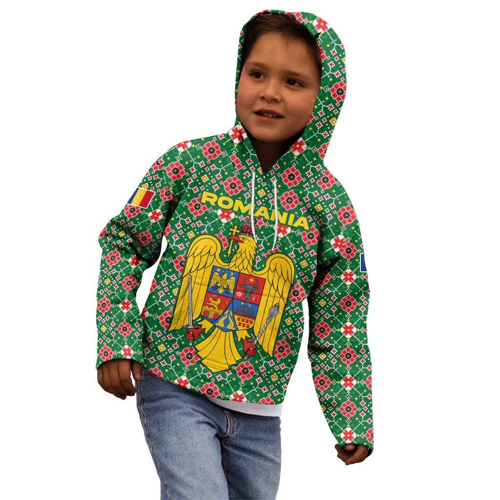 Romania Christmas Kid Hoodie with Green and Red Pattern Golden Eagle and Santa Motif - Wonder Print Shop