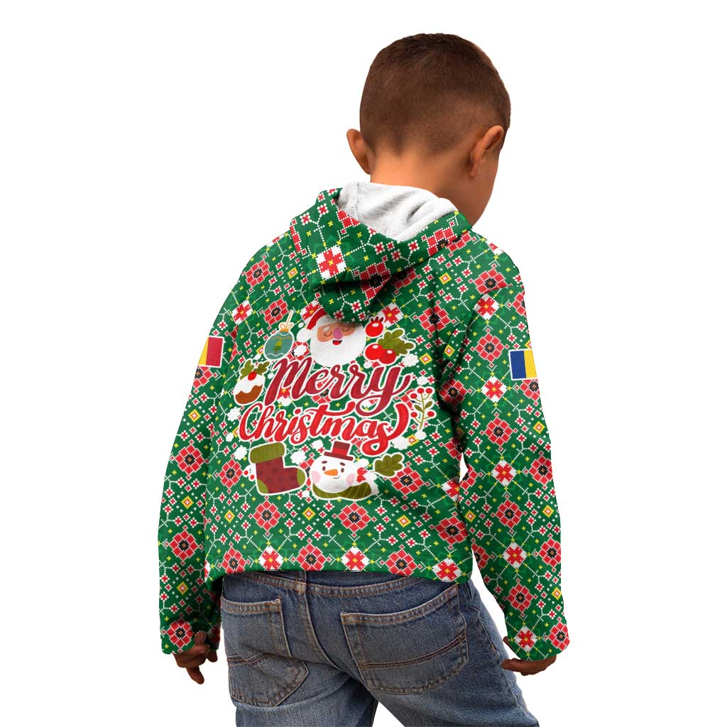 Romania Christmas Kid Hoodie with Green and Red Pattern Golden Eagle and Santa Motif - Wonder Print Shop