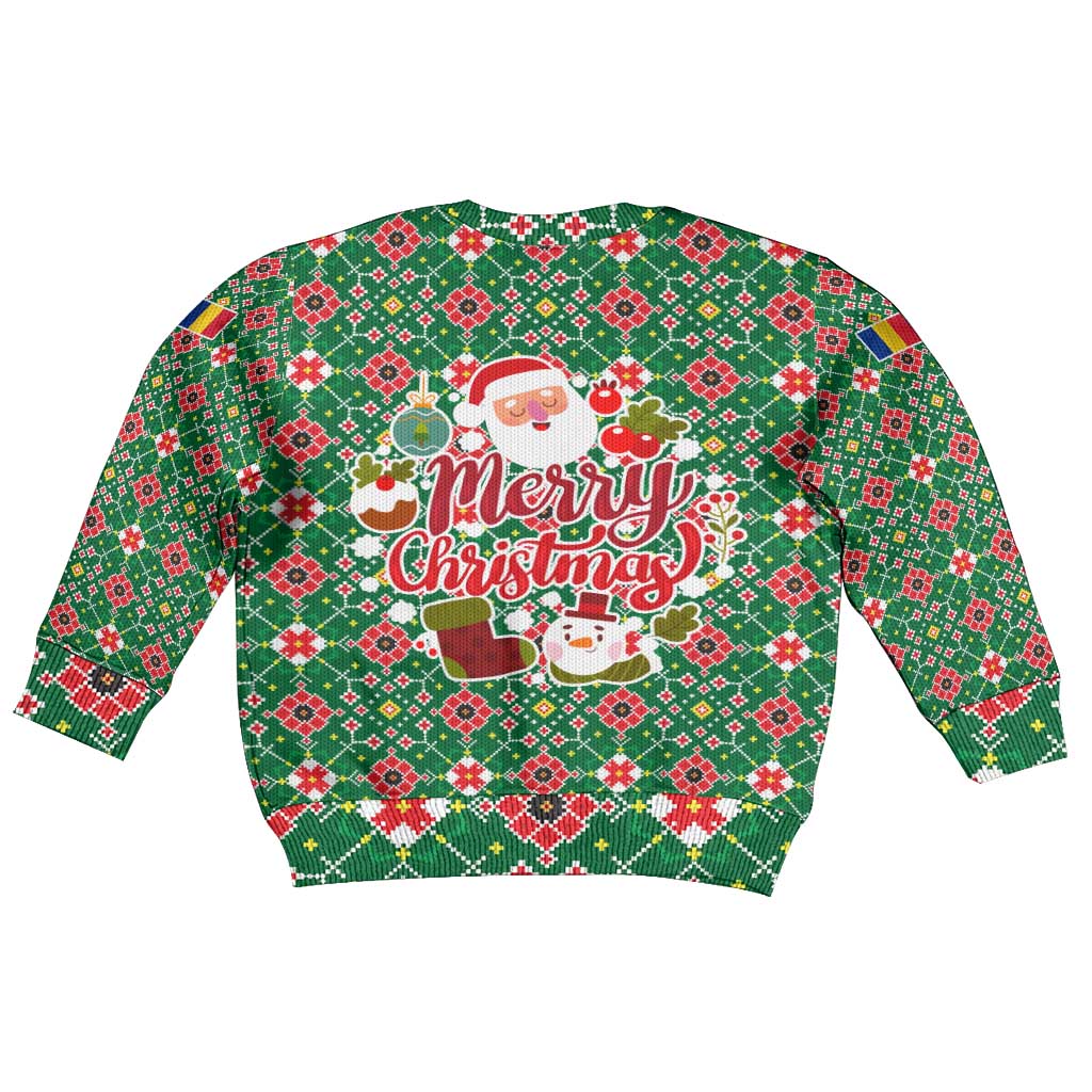 Romania Christmas Kid Ugly Christmas Sweater with Green and Red Pattern Golden Eagle and Santa Motif - Wonder Print Shop