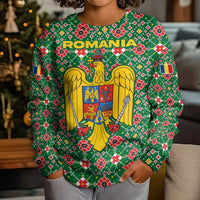 Romania Christmas Kid Ugly Christmas Sweater with Green and Red Pattern Golden Eagle and Santa Motif - Wonder Print Shop
