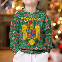Romania Christmas Kid Ugly Christmas Sweater with Green and Red Pattern Golden Eagle and Santa Motif - Wonder Print Shop
