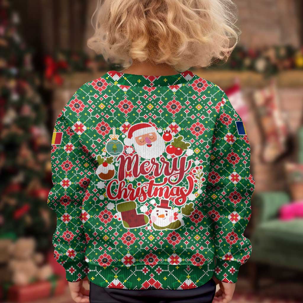 Romania Christmas Kid Ugly Christmas Sweater with Green and Red Pattern Golden Eagle and Santa Motif - Wonder Print Shop