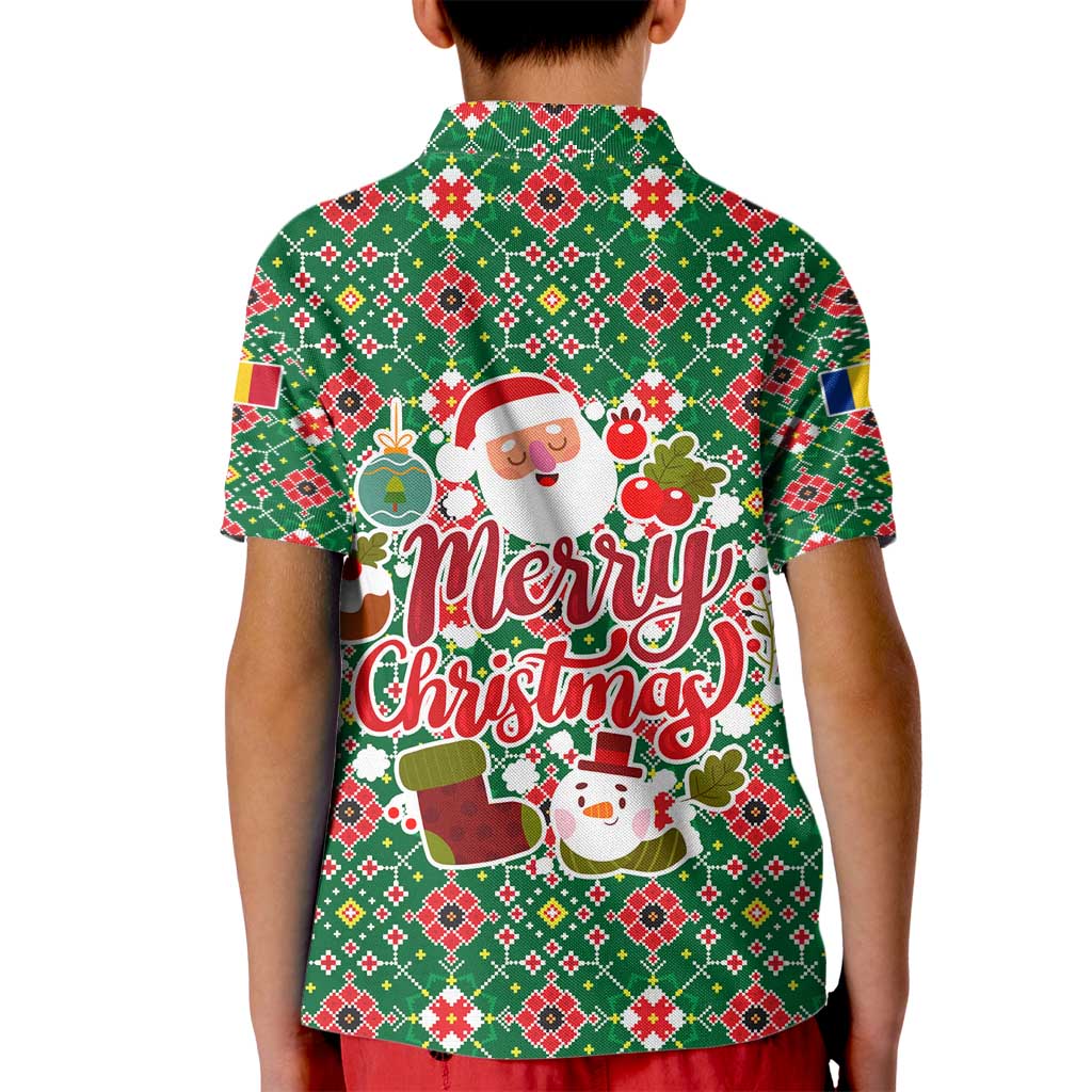 Romania Christmas Kid Polo Shirt with Green and Red Pattern Golden Eagle and Santa Motif - Wonder Print Shop