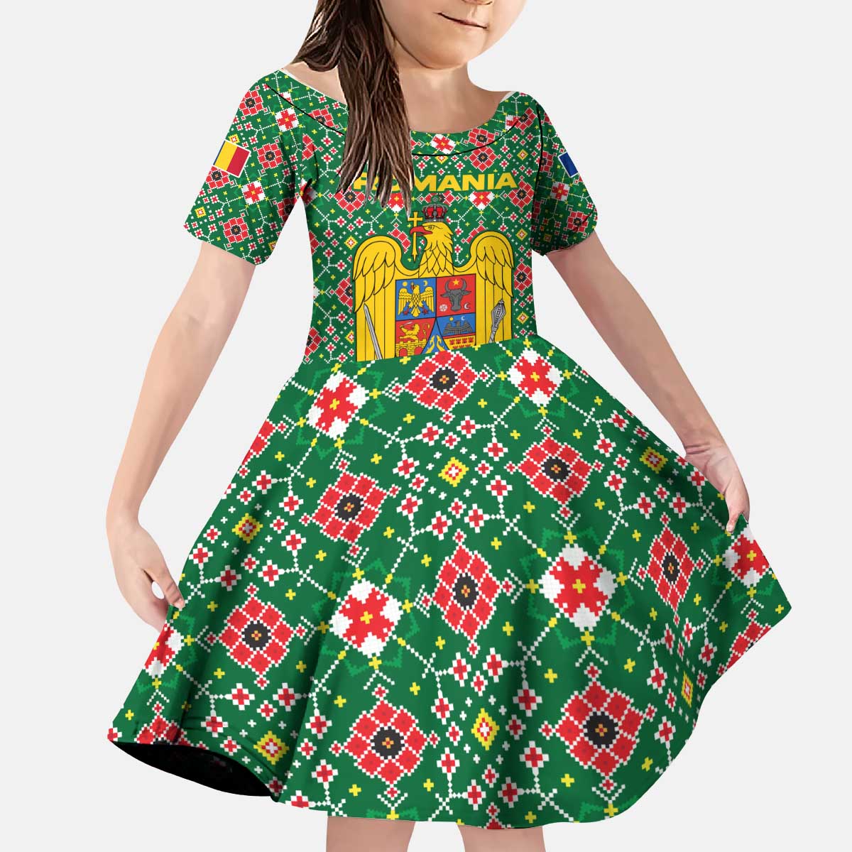 Romania Christmas Kid Short Sleeve Dress with Green and Red Pattern Golden Eagle and Santa Motif - Wonder Print Shop