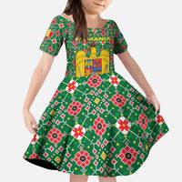 Romania Christmas Kid Short Sleeve Dress with Green and Red Pattern Golden Eagle and Santa Motif - Wonder Print Shop