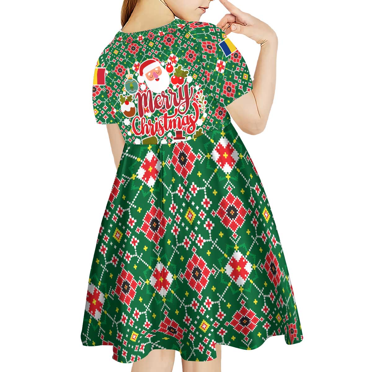 Romania Christmas Kid Short Sleeve Dress with Green and Red Pattern Golden Eagle and Santa Motif - Wonder Print Shop