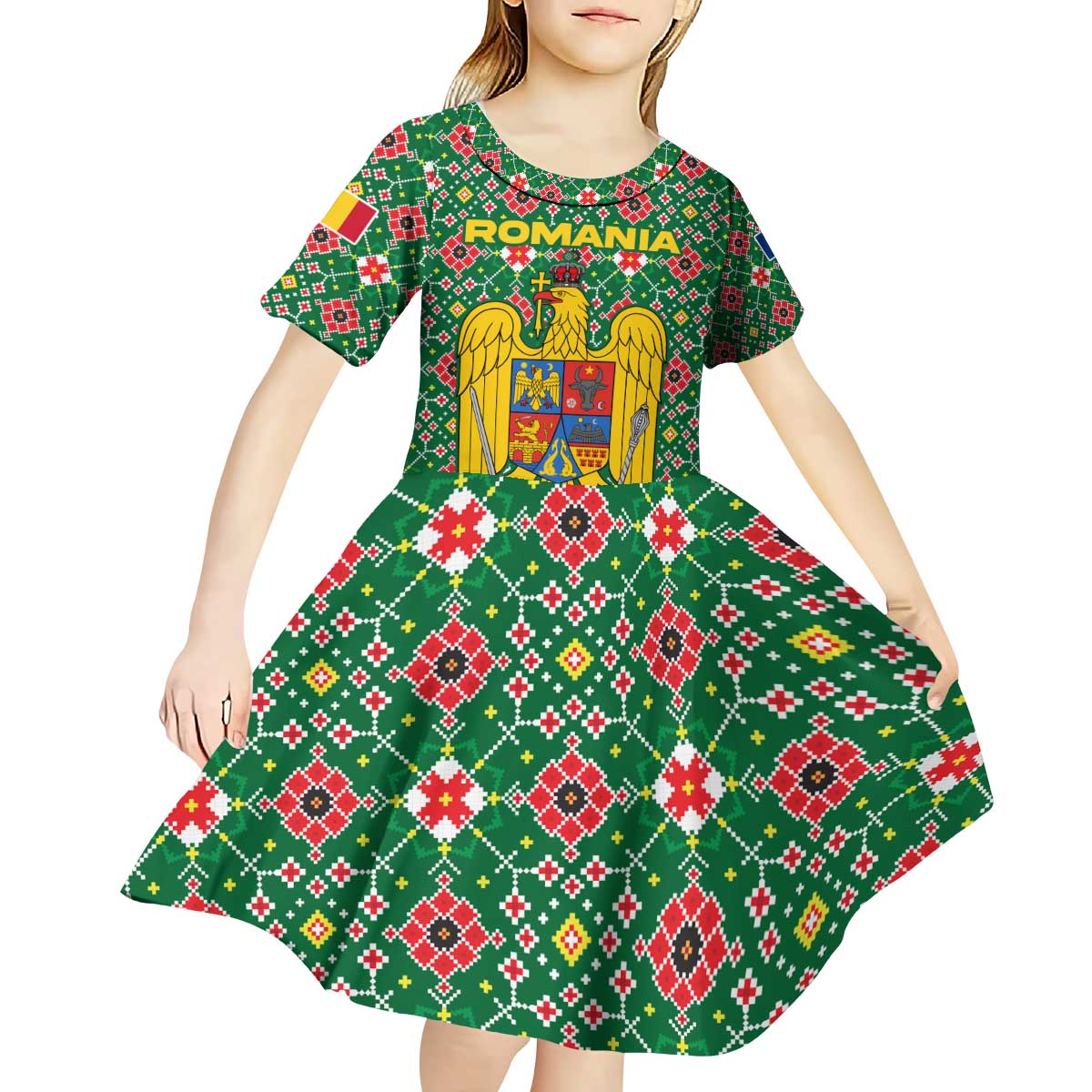 Romania Christmas Kid Short Sleeve Dress with Green and Red Pattern Golden Eagle and Santa Motif - Wonder Print Shop
