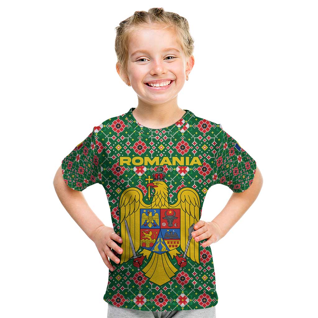 Romania Christmas Kid T Shirt with Green and Red Pattern Golden Eagle and Santa Motif - Wonder Print Shop