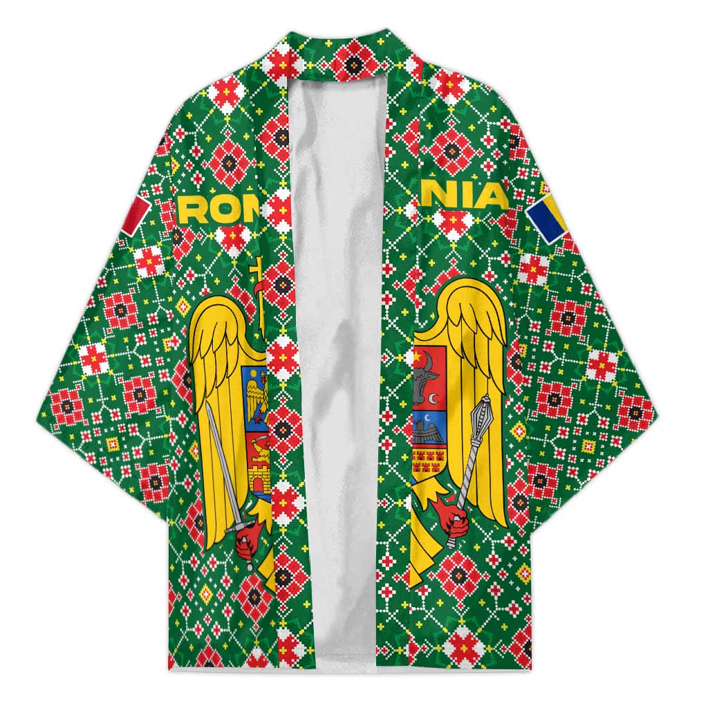 Romania Christmas Kimono with Green and Red Pattern Golden Eagle and Santa Motif - Wonder Print Shop