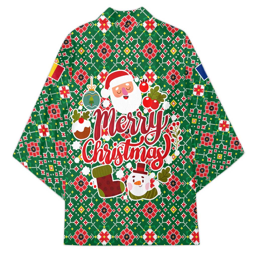 Romania Christmas Kimono with Green and Red Pattern Golden Eagle and Santa Motif - Wonder Print Shop