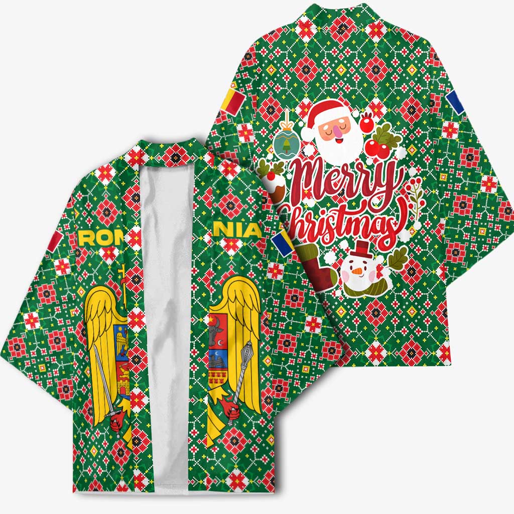 Romania Christmas Kimono with Green and Red Pattern Golden Eagle and Santa Motif - Wonder Print Shop