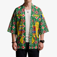 Romania Christmas Kimono with Green and Red Pattern Golden Eagle and Santa Motif - Wonder Print Shop