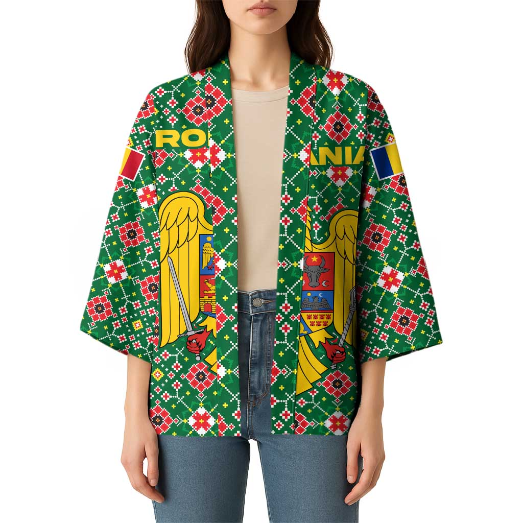 Romania Christmas Kimono with Green and Red Pattern Golden Eagle and Santa Motif - Wonder Print Shop