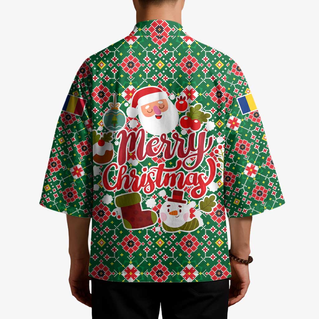 Romania Christmas Kimono with Green and Red Pattern Golden Eagle and Santa Motif - Wonder Print Shop