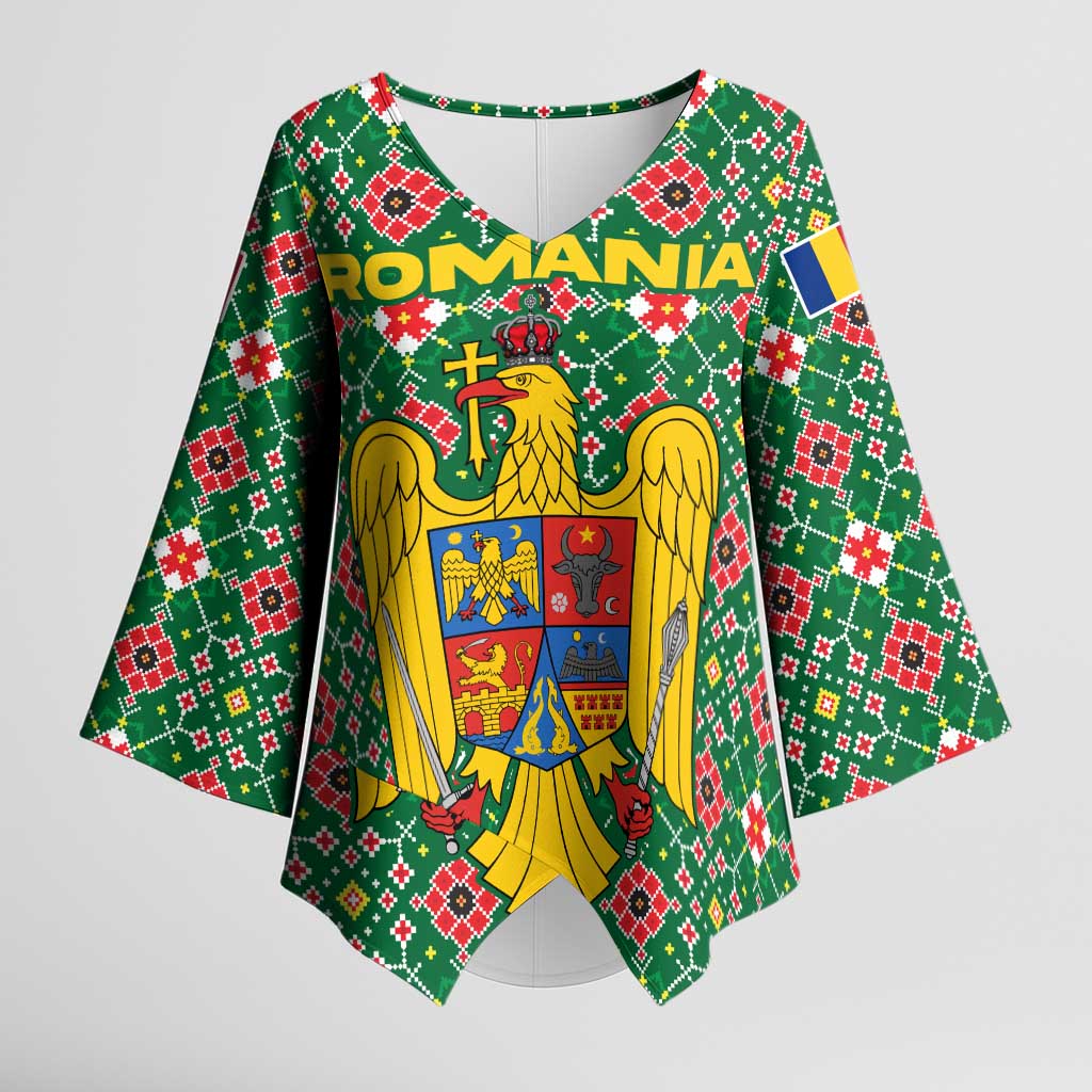 Romania Christmas Kimono Sleeve Blouse with Green and Red Pattern Golden Eagle and Santa Motif - Wonder Print Shop