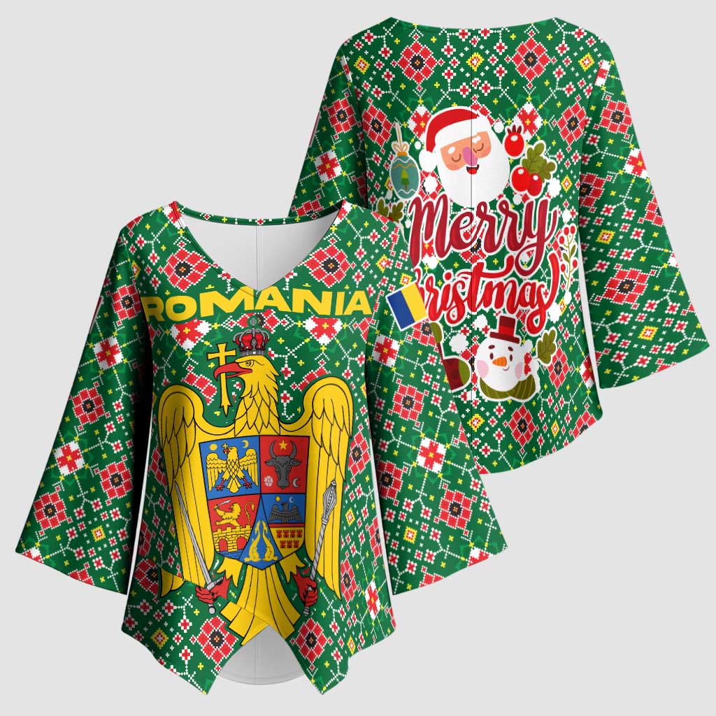 Romania Christmas Kimono Sleeve Blouse with Green and Red Pattern Golden Eagle and Santa Motif - Wonder Print Shop