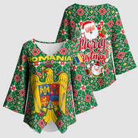 Romania Christmas Kimono Sleeve Blouse with Green and Red Pattern Golden Eagle and Santa Motif - Wonder Print Shop
