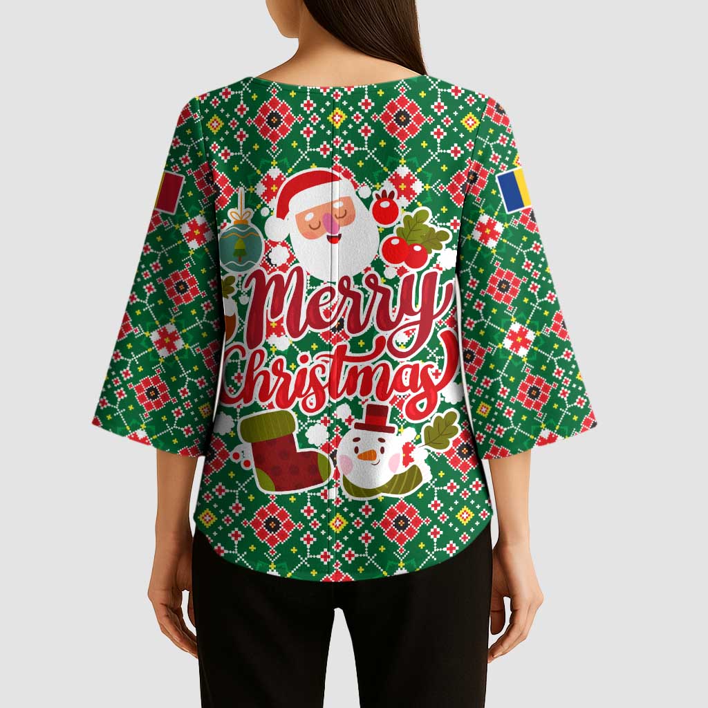 Romania Christmas Kimono Sleeve Blouse with Green and Red Pattern Golden Eagle and Santa Motif - Wonder Print Shop