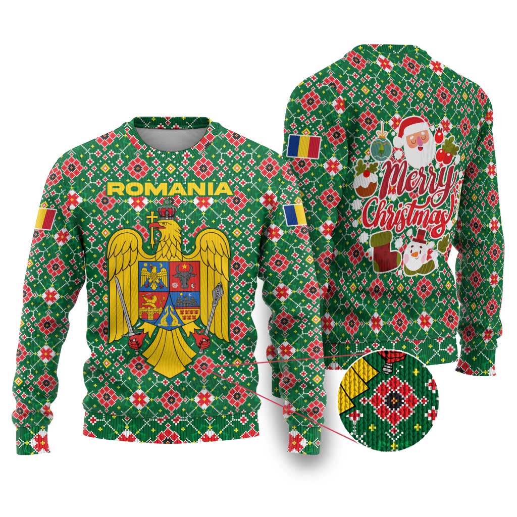 Romania Christmas Ugly Christmas Sweater with Green and Red Pattern Golden Eagle and Santa Motif - Wonder Print Shop