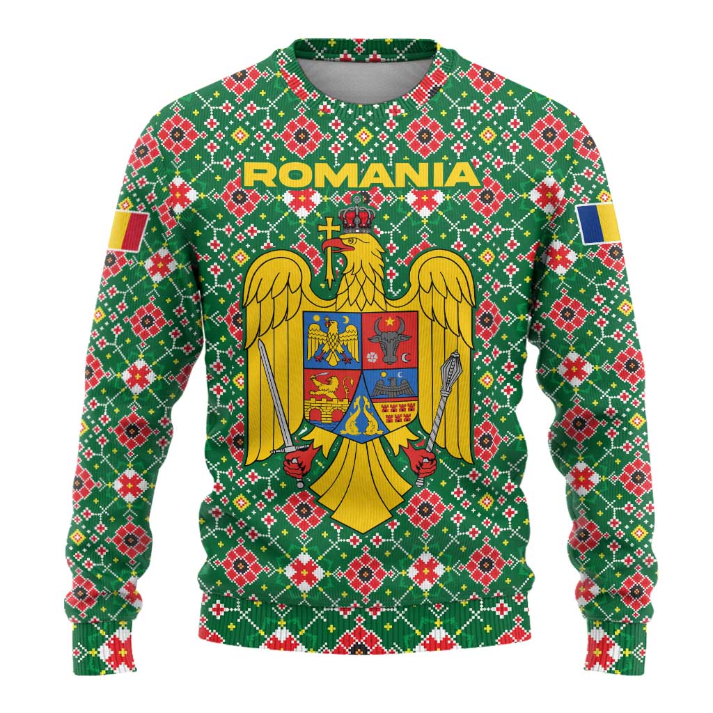 Romania Christmas Ugly Christmas Sweater with Green and Red Pattern Golden Eagle and Santa Motif - Wonder Print Shop