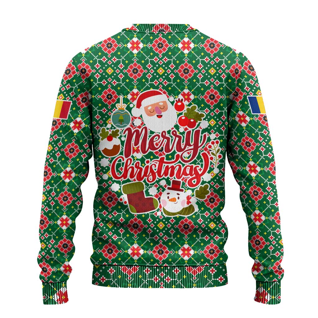 Romania Christmas Ugly Christmas Sweater with Green and Red Pattern Golden Eagle and Santa Motif - Wonder Print Shop