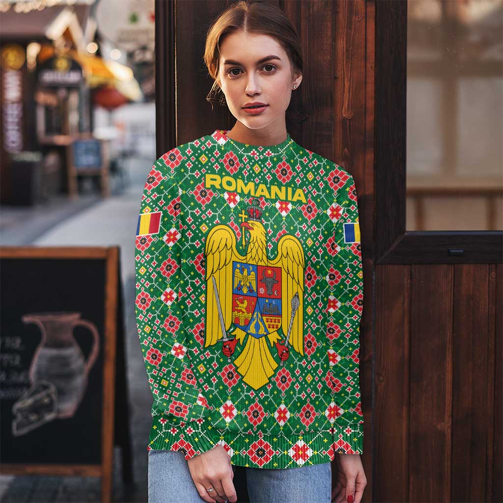 Romania Christmas Ugly Christmas Sweater with Green and Red Pattern Golden Eagle and Santa Motif - Wonder Print Shop
