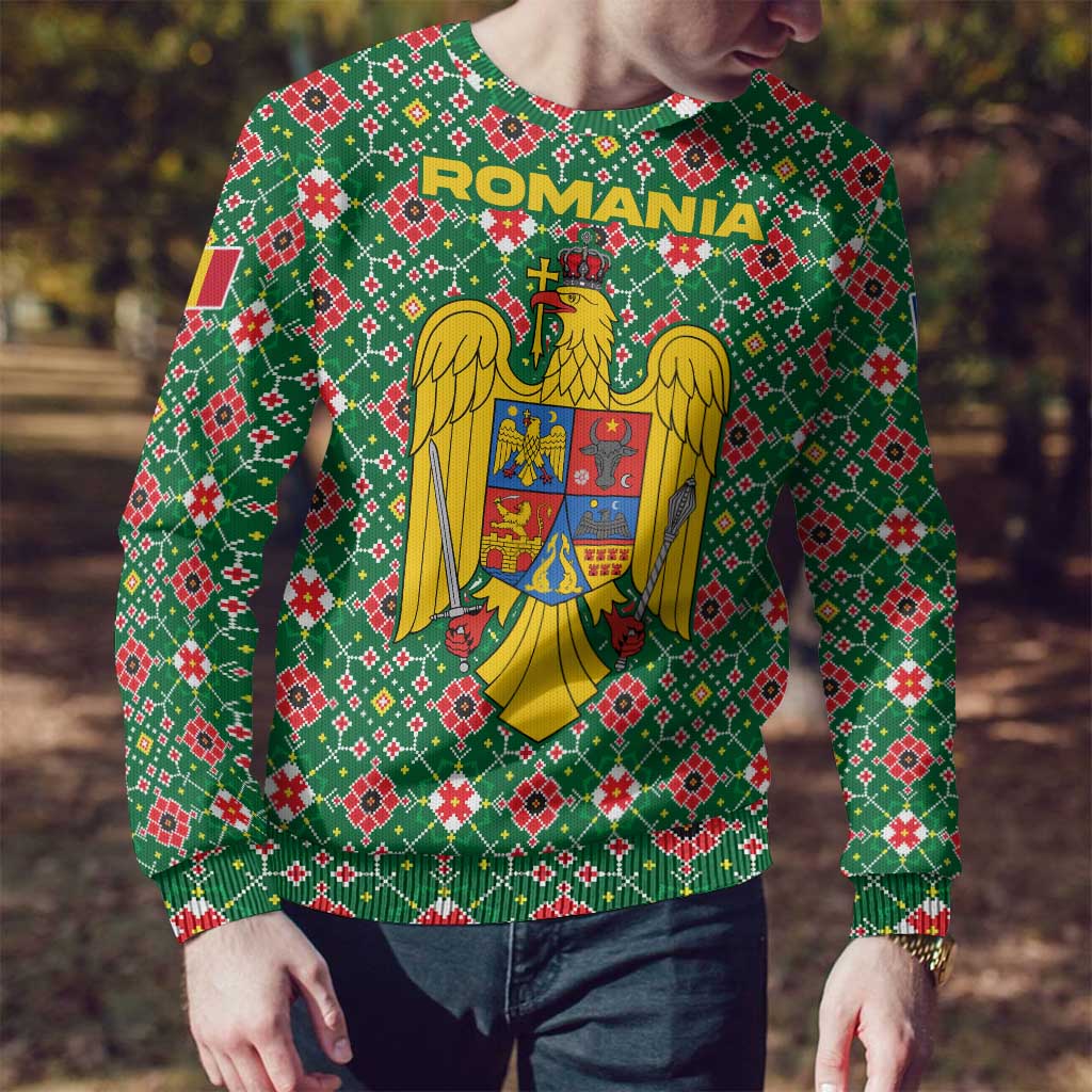 Romania Christmas Ugly Christmas Sweater with Green and Red Pattern Golden Eagle and Santa Motif - Wonder Print Shop