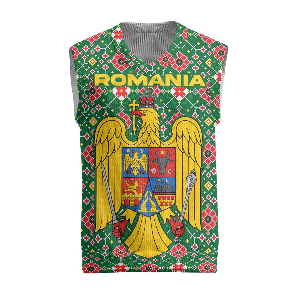Romania Christmas Knitted V-Neck Vest with Green and Red Pattern Golden Eagle and Santa Motif - Wonder Print Shop