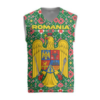 Romania Christmas Knitted V-Neck Vest with Green and Red Pattern Golden Eagle and Santa Motif - Wonder Print Shop