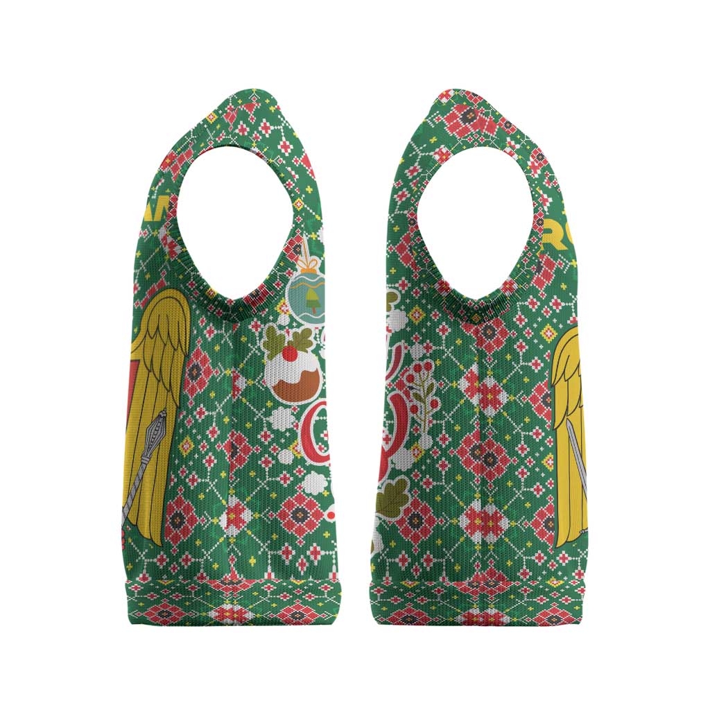 Romania Christmas Knitted V-Neck Vest with Green and Red Pattern Golden Eagle and Santa Motif - Wonder Print Shop