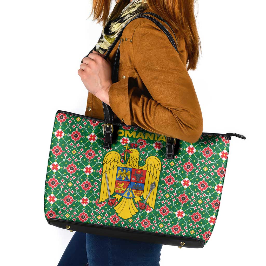 Romania Christmas Leather Tote Bag with Green and Red Pattern Golden Eagle and Santa Motif - Wonder Print Shop