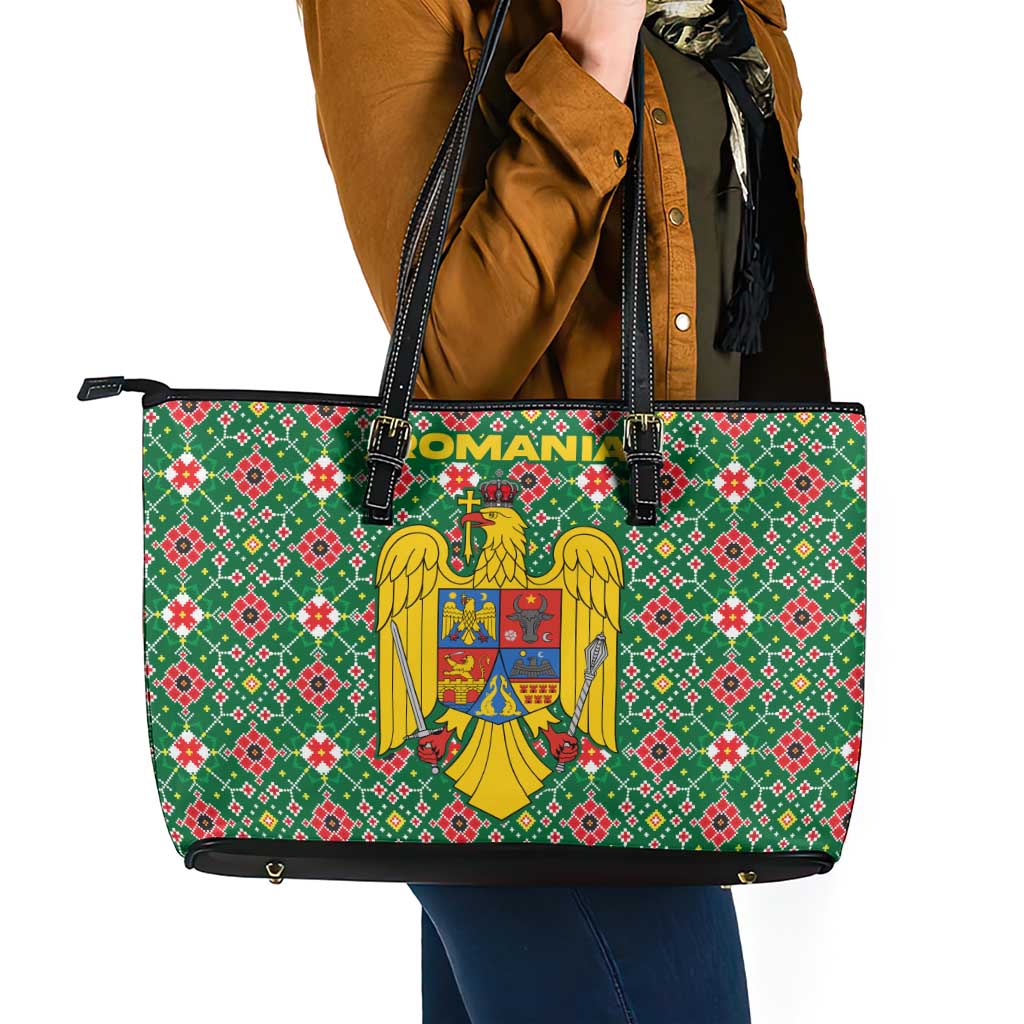 Romania Christmas Leather Tote Bag with Green and Red Pattern Golden Eagle and Santa Motif - Wonder Print Shop