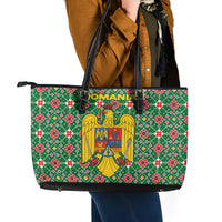 Romania Christmas Leather Tote Bag with Green and Red Pattern Golden Eagle and Santa Motif - Wonder Print Shop
