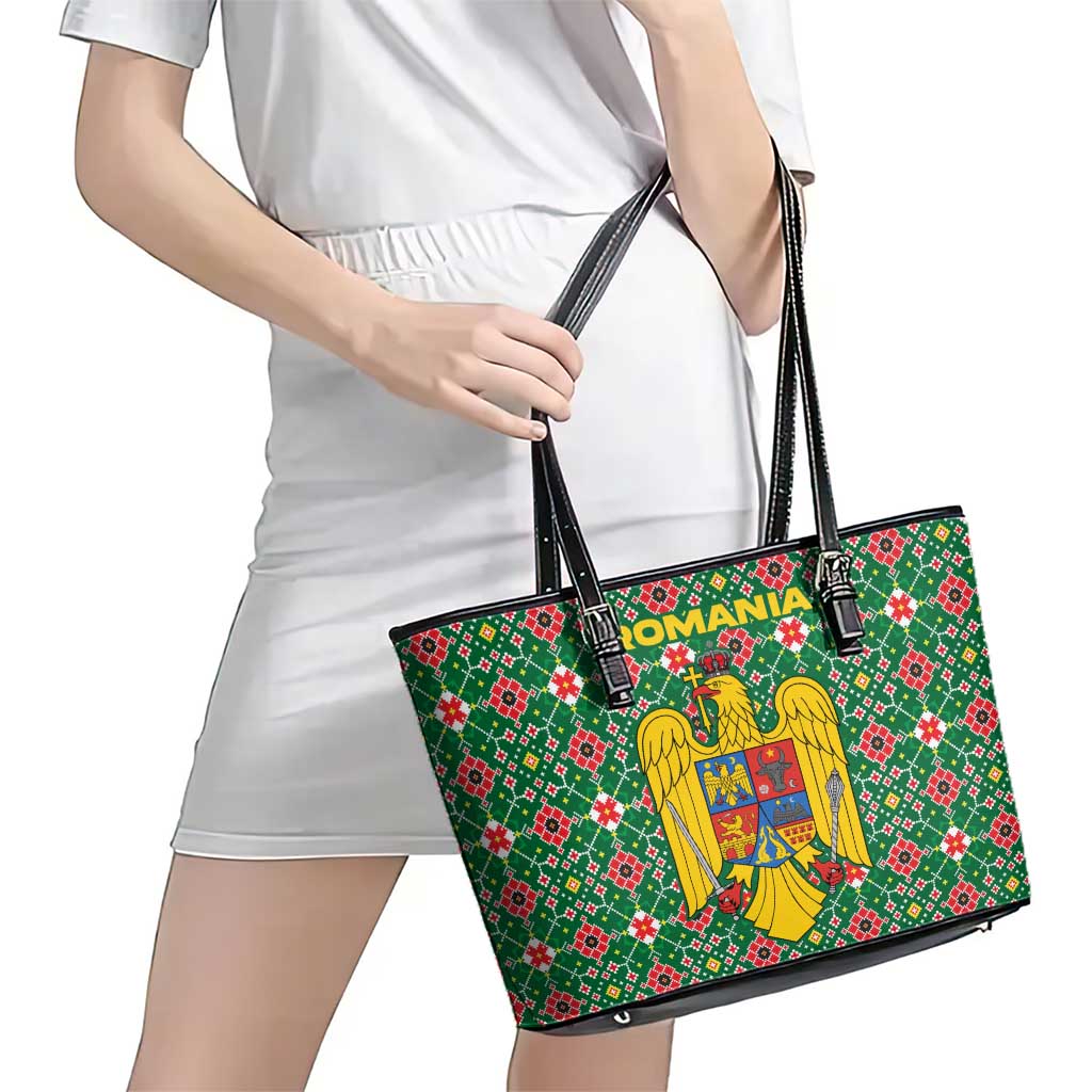 Romania Christmas Leather Tote Bag with Green and Red Pattern Golden Eagle and Santa Motif - Wonder Print Shop