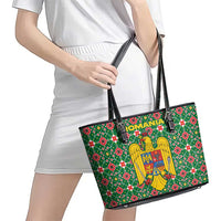 Romania Christmas Leather Tote Bag with Green and Red Pattern Golden Eagle and Santa Motif - Wonder Print Shop