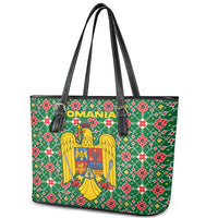 Romania Christmas Leather Tote Bag with Green and Red Pattern Golden Eagle and Santa Motif - Wonder Print Shop