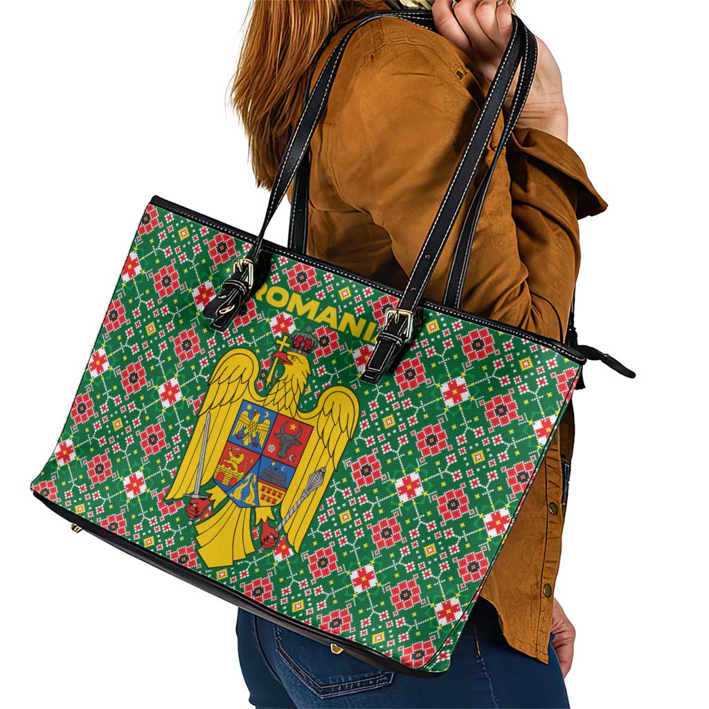 Romania Christmas Leather Tote Bag with Green and Red Pattern Golden Eagle and Santa Motif - Wonder Print Shop