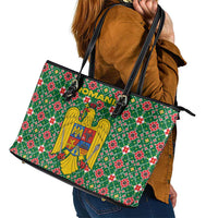 Romania Christmas Leather Tote Bag with Green and Red Pattern Golden Eagle and Santa Motif - Wonder Print Shop