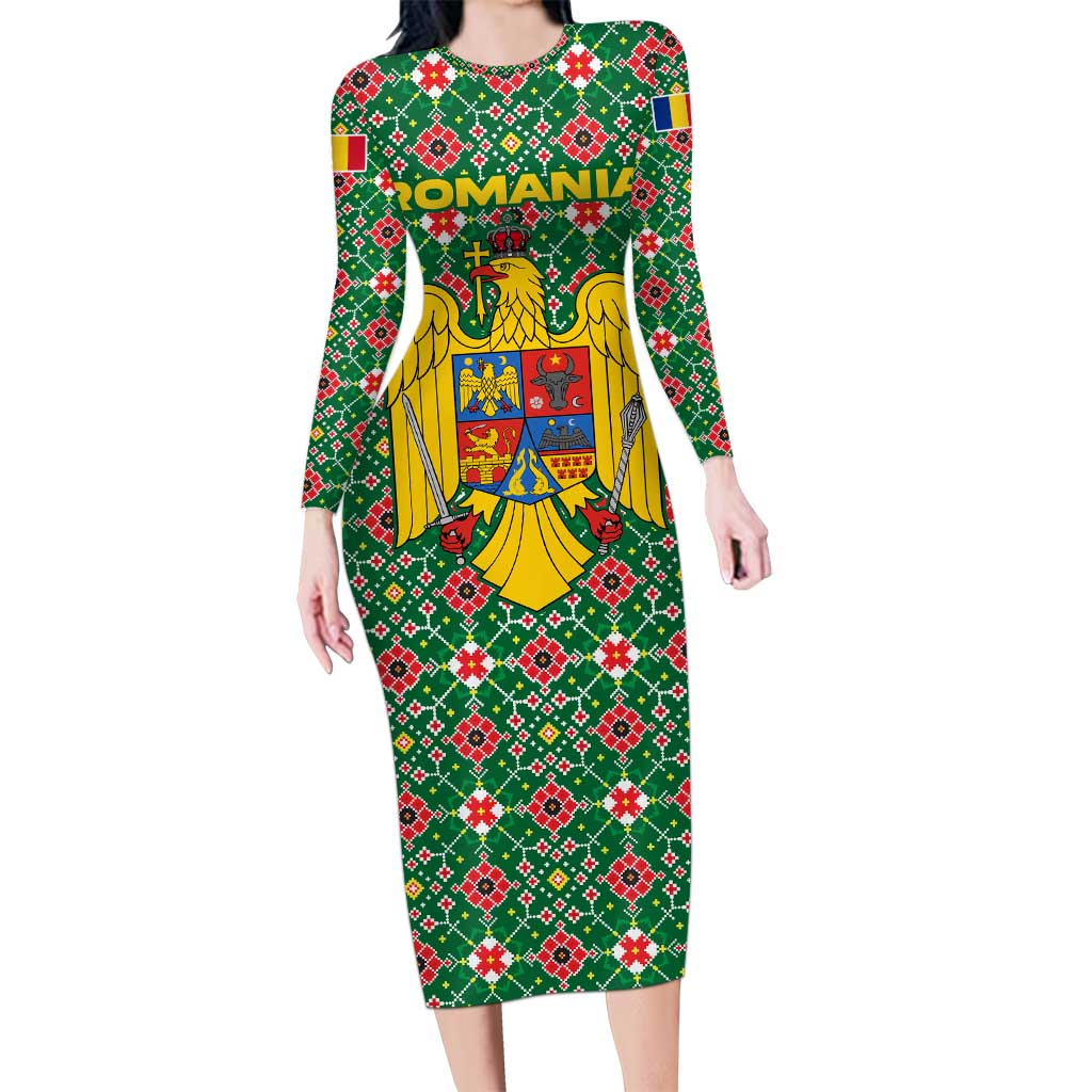 Romania Christmas Long Sleeve Bodycon Dress with Green and Red Pattern Golden Eagle and Santa Motif - Wonder Print Shop