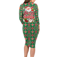 Romania Christmas Long Sleeve Bodycon Dress with Green and Red Pattern Golden Eagle and Santa Motif - Wonder Print Shop