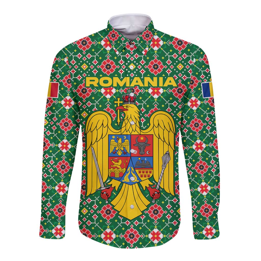 Romania Christmas Long Sleeve Button Shirt with Green and Red Pattern Golden Eagle and Santa Motif - Wonder Print Shop