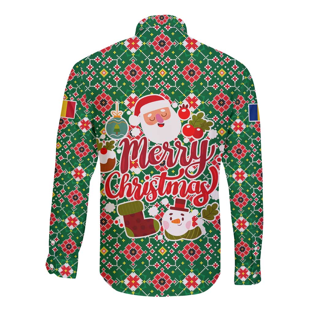 Romania Christmas Long Sleeve Button Shirt with Green and Red Pattern Golden Eagle and Santa Motif - Wonder Print Shop