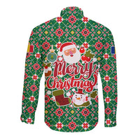 Romania Christmas Long Sleeve Button Shirt with Green and Red Pattern Golden Eagle and Santa Motif - Wonder Print Shop