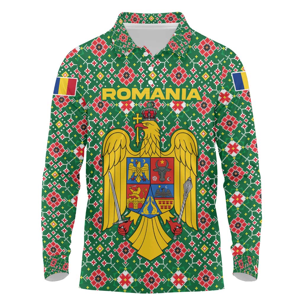 Romania Christmas Long Sleeve Polo Shirt with Green and Red Pattern Golden Eagle and Santa Motif - Wonder Print Shop
