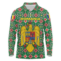 Romania Christmas Long Sleeve Polo Shirt with Green and Red Pattern Golden Eagle and Santa Motif - Wonder Print Shop